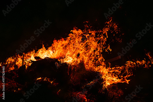 intense fire consuming burning branches in the darkness