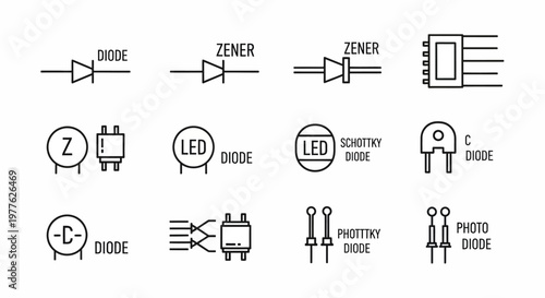 Collection of various diode icons and symbols.