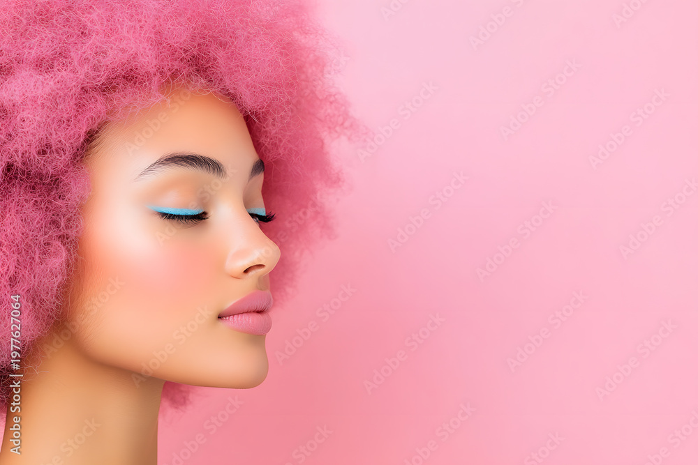 Naklejka premium Profile portrait of young woman with bright pink afro hair, Colorful eye makeup, Pink background with copy space, Fashion beauty close up