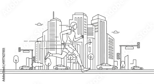 Man running through a cityscape with skyscrapers.
