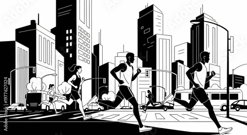 Black and white illustration of people running in city.