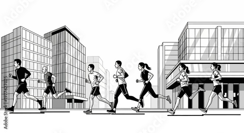 a group of people running in the city.