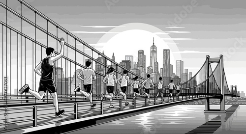 a group of people running on a bridge.