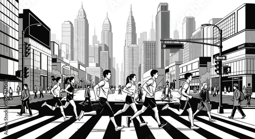 Black and white illustration of people running across a city street crossing.