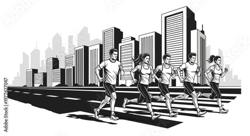 Group of people running in city.