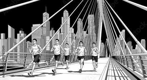 Group of people running on bridge.