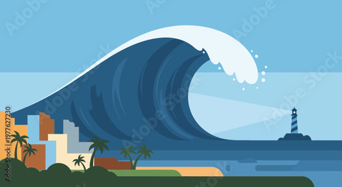 Giant wave crashes near coastal buildings and lighthouse.