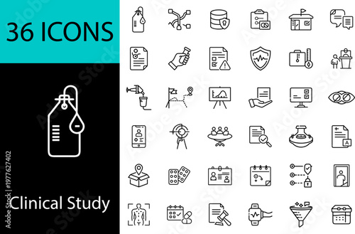 Clinical Study Icons Set - 36 Line Icons for Medical Research, Healthcare, Laboratory, Pharmaceutical & Scientific Analysis - Vector Illustration for Web & Design