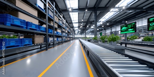 Aerial view of a warehouse with storage shelves and conveyor systems