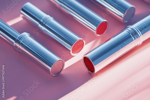 Shiny lipstick tubes arranged on pink background, highlighting luxury beauty cosmetic product for modern makeup trend and fashion market.