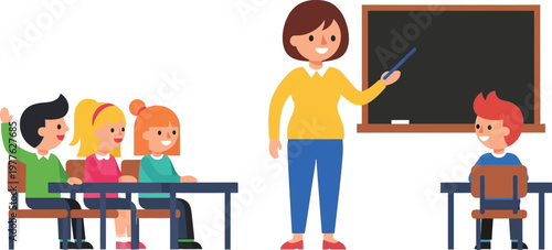 A cartoon illustration of a teacher and students in a classroom setting with a blackboard