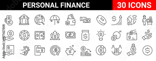 Personal Finance web line outline icons. Linear icon collection. Editable stroke. Vector illustration