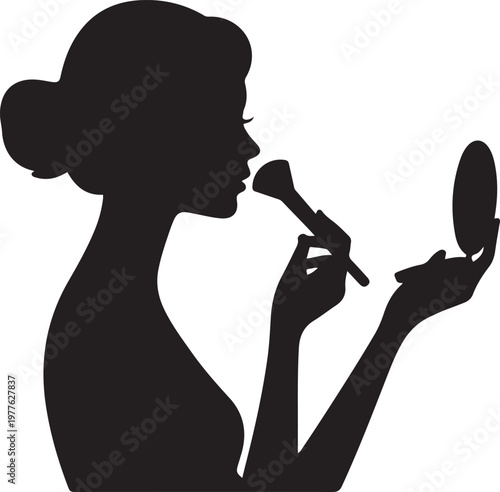 Cuadro en lienzo Black silhouette of a woman applying makeup side profile view holding a makeup brush near her face and a small mirror in her other hand