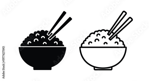 Two bowls of rice with chopsticks depicted in a stark graphic silhouette