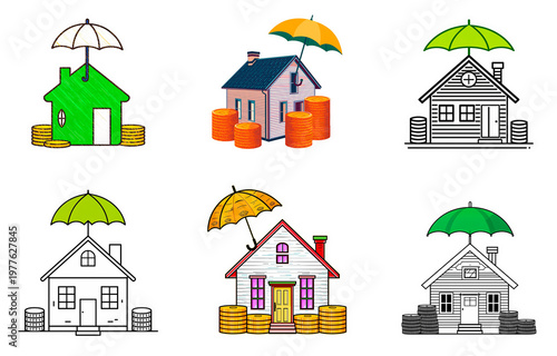 House, coins, umbrella isolated on transparent background