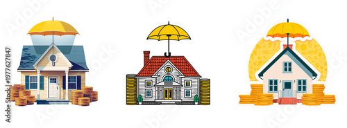 House, coins, umbrella isolated on transparent background