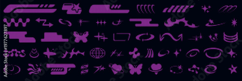 Y2K bling aesthetic with sparkling star shapes and retro symbols. Glittering icons feature abstract geometric designs, heart figures, and starburst patterns for trendy graphics.