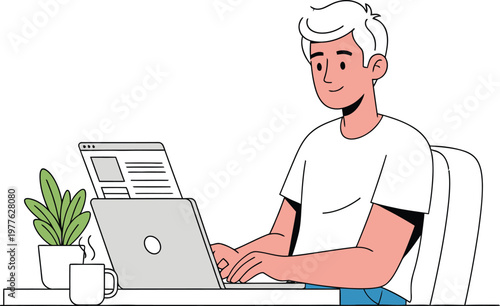 A cartoon man working on a laptop as a freelancer in a minimalist office setting.
