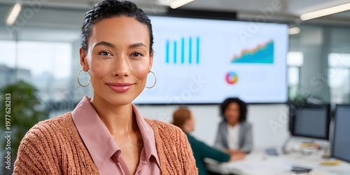 HR recruiter smiles while colleagues review workforce performance data
