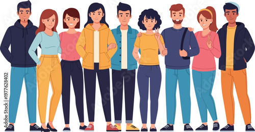 A diverse group of young adults standing together in a colorful vector illustration