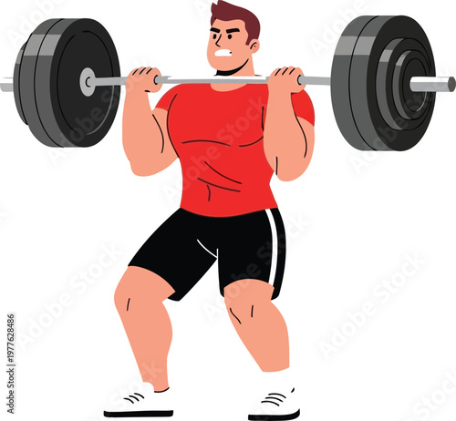A muscular man in a red shirt lifting a heavy barbell in a squat position with determination