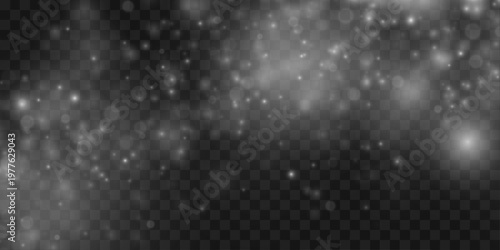 Floating white glitter dust shines with airy glow. Smooth shimmer creates elegant abstract effect. Perfect design element for luxury backgrounds and banners. Vector