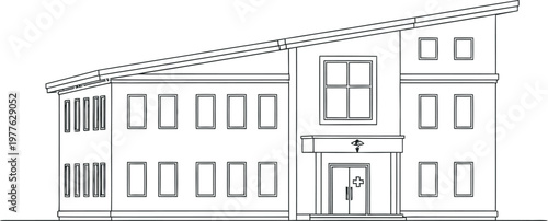 Clean vector line art drawing of a modern hospital building facade featuring a slanted roof and symmetrical window arrangement on a plain white isolated background