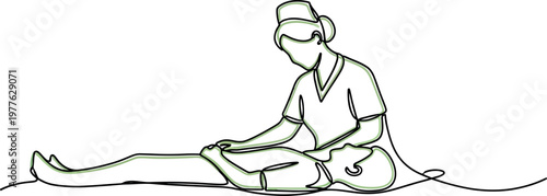 Dedicated professional nurse performing a careful physical examination on a lying down patient portrayed using a minimalist continuous black line drawing style on white background