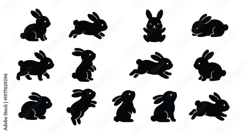 Fototapeta premium Rabbit silhouette vector set, 13 black bunny icons in various poses, cute jumping and sitting hare collection for Easter design and nature graphics