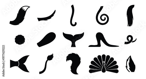 Animal tail silhouette icons set, 15 black vector elements of wild and domestic animal tails, minimalist creature body parts for logo design