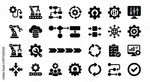 Industrial automation and workflow optimization icons, set of 28 black solid vector symbols for manufacturing process and business management