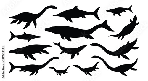 Prehistoric marine reptile silhouettes, ancient sea monster dinosaur vector set, 12 aquatic predator icons for educational science graphics