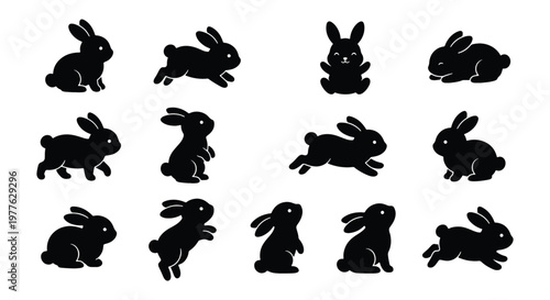 Rabbit silhouette vector set, 13 black bunny icons in various poses, cute jumping and sitting hare collection for Easter design and nature graphics