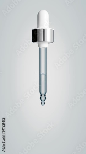 Elegant cosmetic dropper with serum forming long liquid drop from glass pipette, isolated on soft light background. Premium skincare and beauty treatment concept for cosmetic advertising. 3d animation