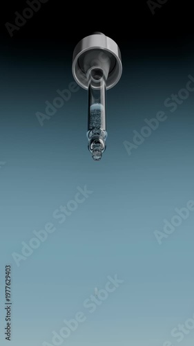 Cosmetic serum dropper with transparent glass pipette, macro close-up of skincare product dripping on dark gradient background.