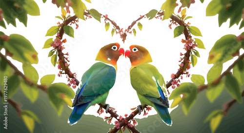 Two beautiful lovebirds sitting together on a branch shaped like a romantic heart while they gaze into each other with gentle affection and sweet devotion