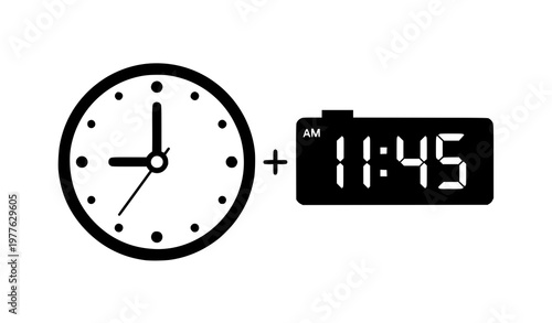 11 45 AM clock vector set with digital and analog time display isolated illustration