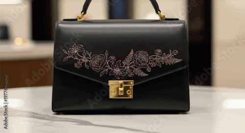 Elegant black leather handbag featuring beautiful intricate floral line art engravings and a polished gold metallic clasp closure sitting on a clean white marble counter top