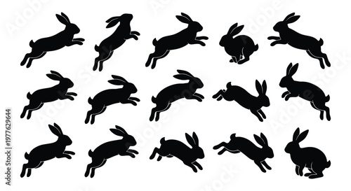 Black rabbit silhouette collection, 15 jumping hare vector elements, running bunny icons set, minimalist animal shapes for Easter design