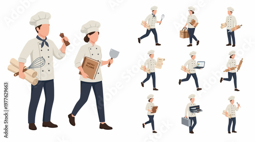 Collection of chefs in various poses and activities, showcasing culinary skills and professional attire.