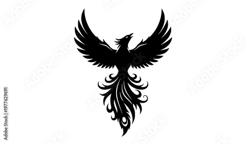 Monochrome phoenix rising vector silhouette symbol of rebirth isolated on white background