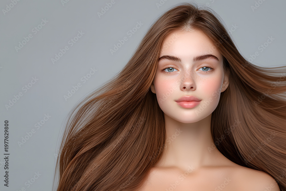 Fototapeta premium Flowing chestnut brown hair portrait, Young Caucasian woman beauty model, Gray studio background, Windblown hairstyle, Hair care advertising