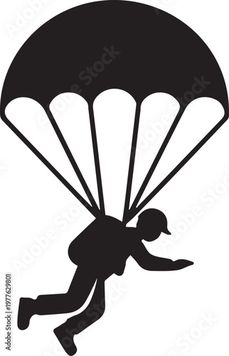 silhouette of a soldier parachuting with a parachute. black icon drawing vector