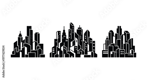 Modern city skyline silhouettes, black urban skyscraper vector icons, set of three metropolitan building clusters for architectural design and web graphics