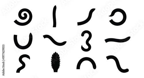 Minimalist black worm silhouettes set, 12 organic curved shapes and squiggly lines, abstract invertebrate vector icons for biology and nature design