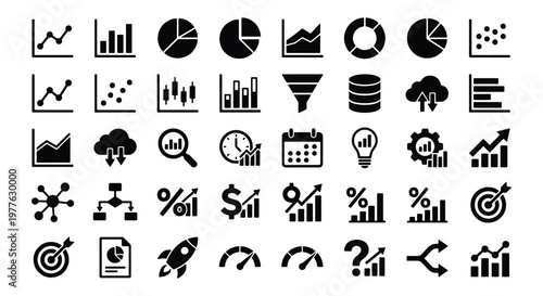 Data visualization icons set, 40 business analytics and financial chart symbols, black solid vector graphics for dashboard and reporting
