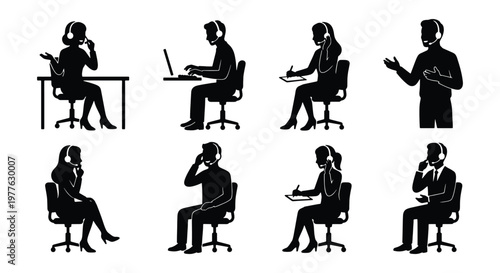 Call center operator silhouettes set, customer support agents with headsets, office workers at desks, telemarketing staff icons for business communication
