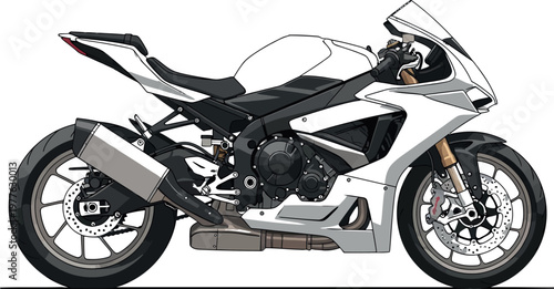 Sleek white sports motorcycle displayed in a side profile view showcasing powerful engine components and aerodynamic fairings designed for high speed performance on the road