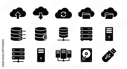 Cloud computing and data storage icons set, 15 black vector symbols for server hosting and network database management, digital information technology