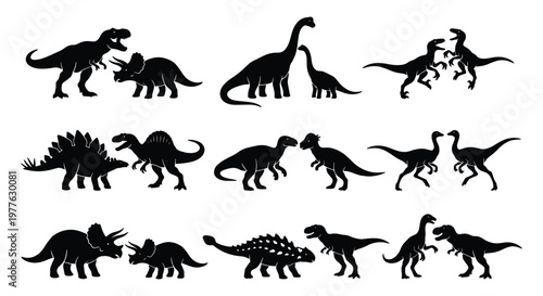 Dinosaur silhouette collection with 18 prehistoric animal icons, black vector dino shapes including T-Rex and Triceratops, ancient reptile wildlife set